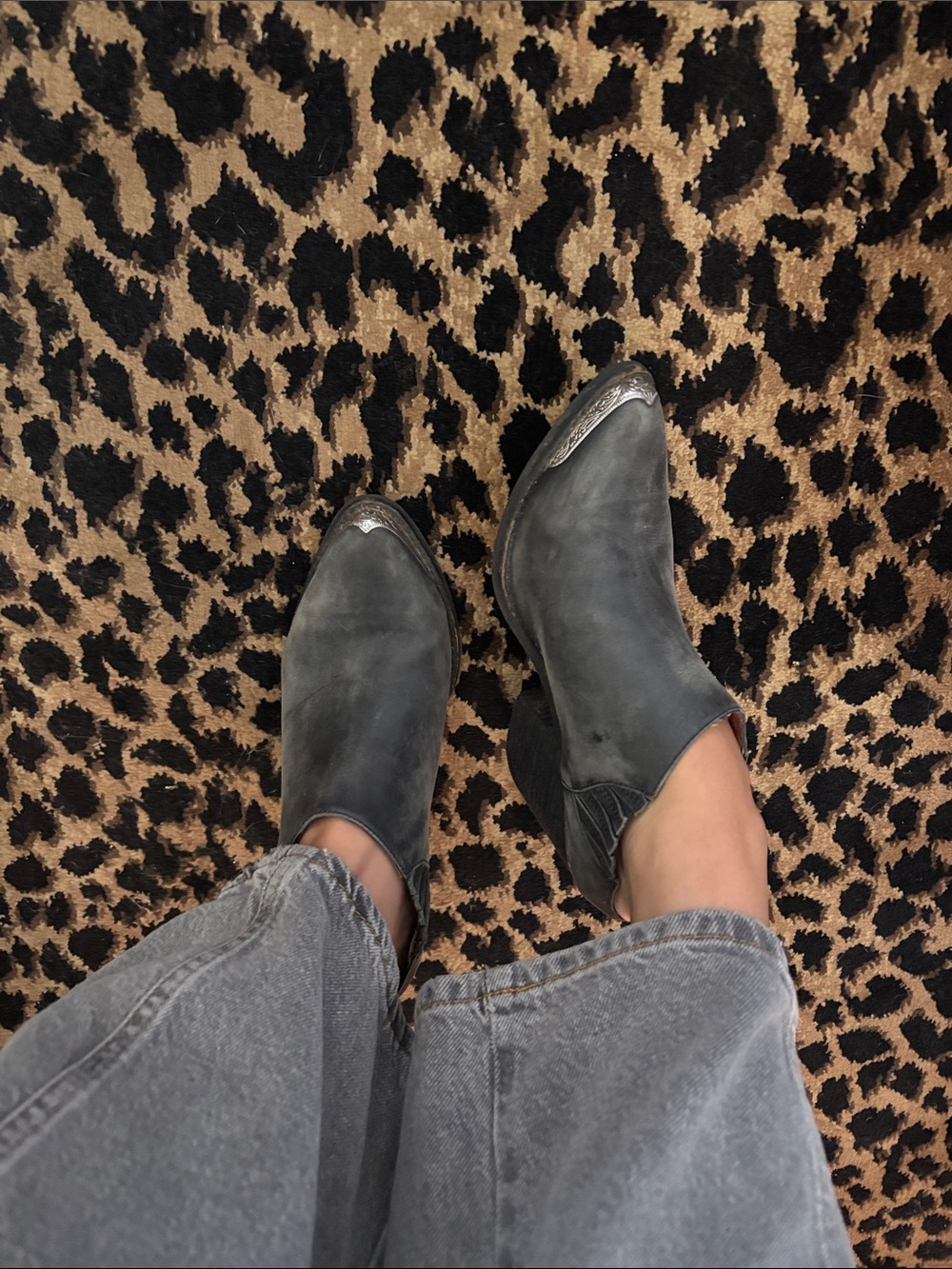 Jeffrey Campbell Black Distressed Western Ankle Booties with Silver Toe